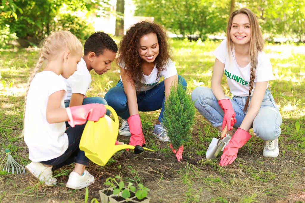 volunteers planting tree in park